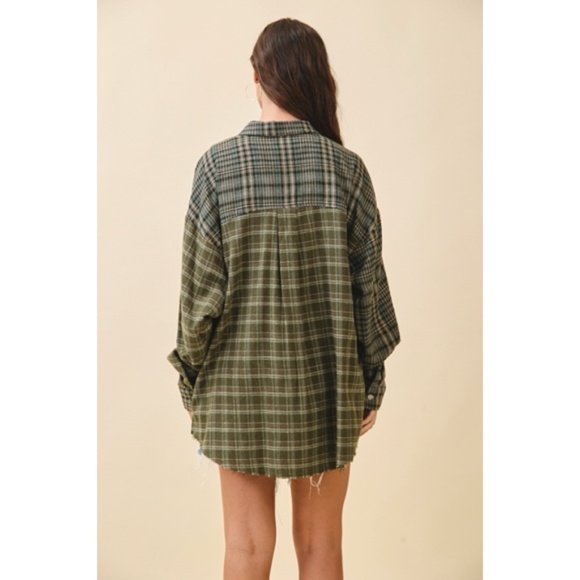 Olive Green Kambrie Button Down Plaid Patchwork Flannel Casual Shirt - Picture 9 of 9